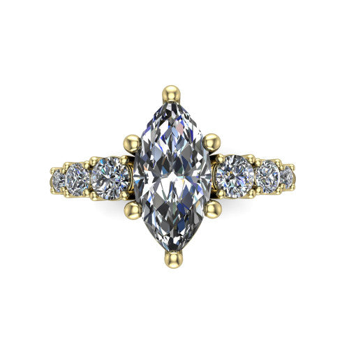 Emery marquise accent engagement ring in 18K Yellow Gold with graduated round side stones, top-down view of the center and graduated round side accents