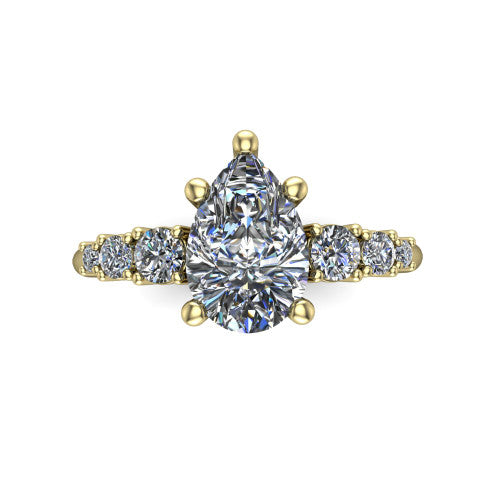 Emery pear accent engagement ring in 18K Yellow Gold with graduated round side stones, top-down view of the center and graduated round side accents