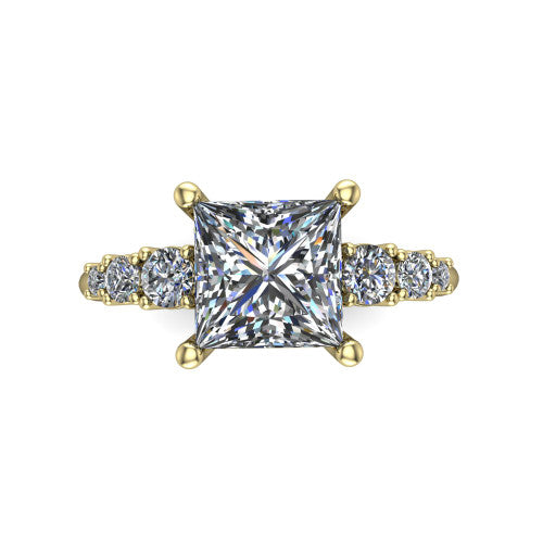 Emery princess accent engagement ring in 14K Yellow Gold with graduated round side stones, top-down view of the center and graduated round side accents