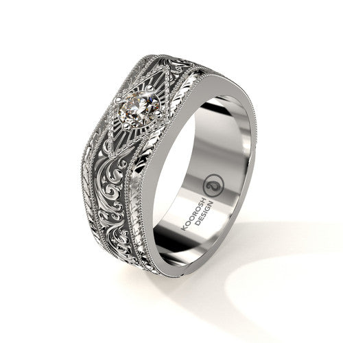 Misagh men’s black scrollwork wedding ring in white gold with central diamond