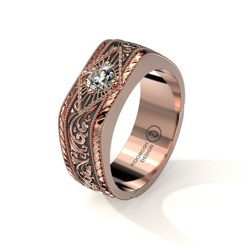 Misagh men’s rose gold wedding ring with black scrollwork and central diamond