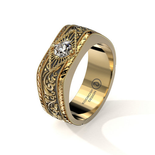 Misagh men’s black scrollwork wedding ring in yellow gold with central diamond