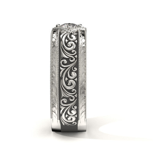 14K white gold wedding band with black scroll design and 0.40 ct diamond – Misagh