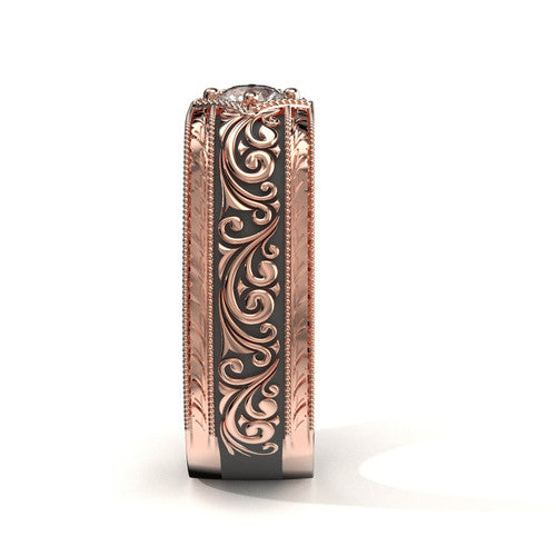 Handcrafted 14K rose gold scrollwork ring with central diamond, antiqued black – Misagh