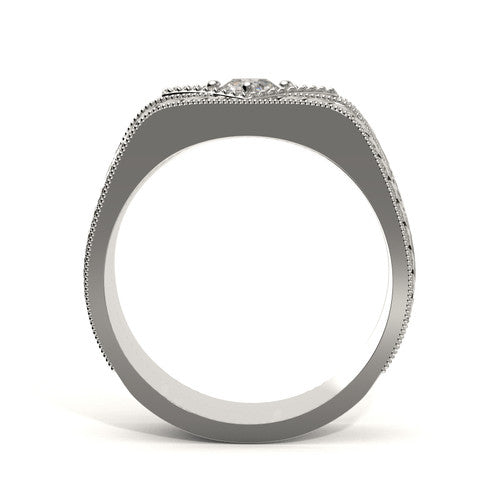 Handcrafted men’s white gold ring featuring vintage scrollwork and diamond center