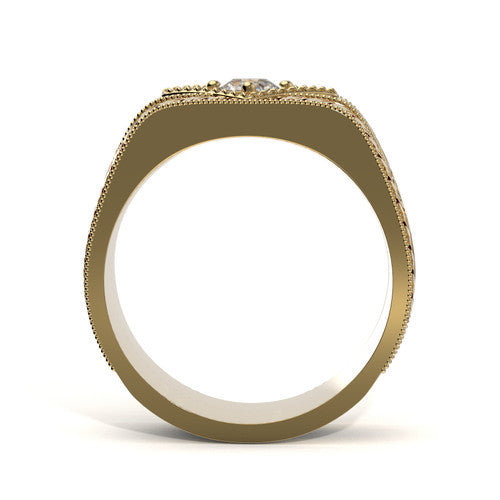 Handcrafted men’s yellow gold ring featuring vintage scrollwork and diamond center
