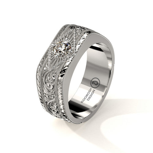Sorush 14K white gold scrollwork wedding ring with central diamond