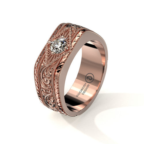 Sorush 8 mm men’s yellow gold wedding ring with central diamond and scrollwork