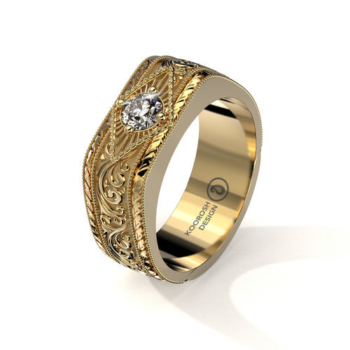 Sorush 14K yellow gold scrollwork wedding ring with central diamond