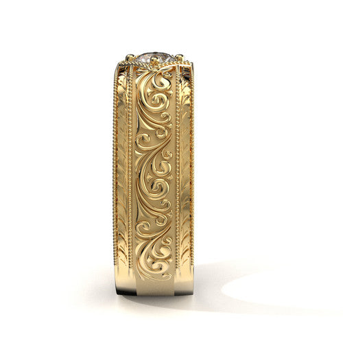 Yellow gold men's wedding band with scrollwork and diamond center