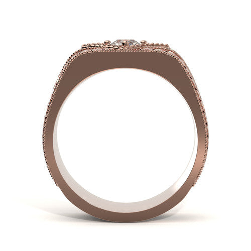 Antique-inspired men’s gold wedding ring with engraved scrollwork and solitaire diamond