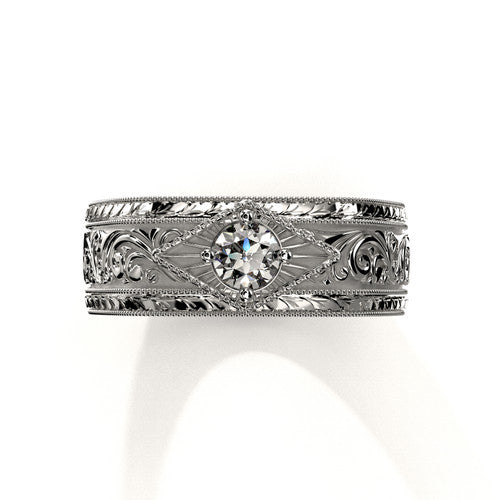Handcrafted men’s wedding ring with ornate scroll carving and diamond accent