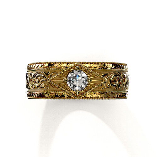 Handcrafted mens scrollwork ring in yellow gold featuring central diamond