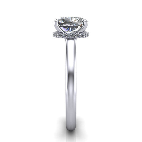 Skylar cushion hidden halo engagement ring in Platinum with plain band, side profile showing the hidden halo and plain band