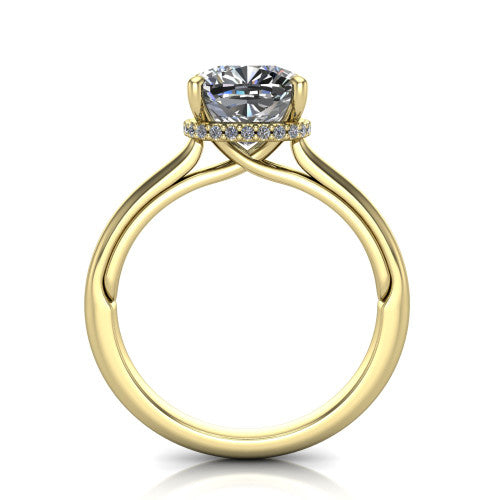Skylar cushion hidden halo engagement ring in 18K Yellow Gold with plain band, through-finger front profile revealing the hidden halo collar