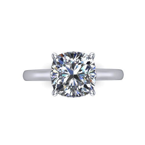 Skylar cushion hidden halo engagement ring in Platinum with plain band, top-down view showing the clean solitaire profile