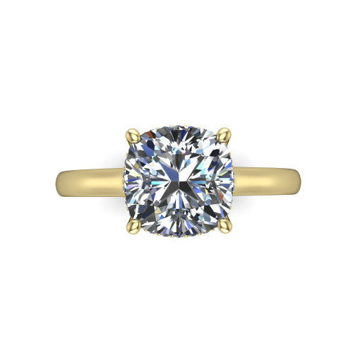 Skylar cushion hidden halo engagement ring in 18K Yellow Gold with plain band, top-down view showing the clean solitaire profile