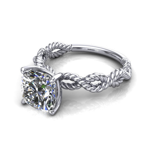 Sarah cushion rope solitaire engagement ring in Platinum with twisted cable band, three-quarter perspective view
