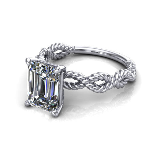 Sarah emerald rope solitaire engagement ring in Platinum with twisted cable band, three-quarter perspective view