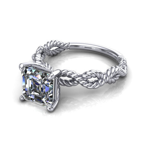 Sarah asscher rope solitaire engagement ring in 14K White Gold with twisted cable band, three-quarter perspective view