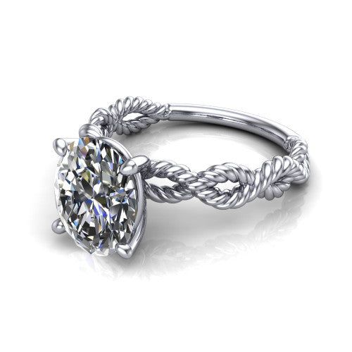 Sarah oval rope solitaire engagement ring in 18K White Gold with twisted cable band, three-quarter perspective view