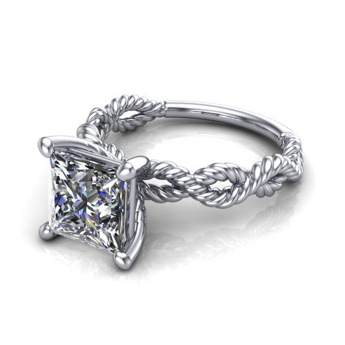 Sarah princess rope solitaire engagement ring in 14K White Gold with twisted cable band, three-quarter perspective view