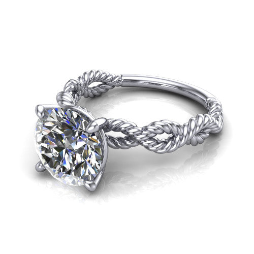 Sarah round rope solitaire engagement ring in Platinum with twisted cable band, three-quarter perspective view