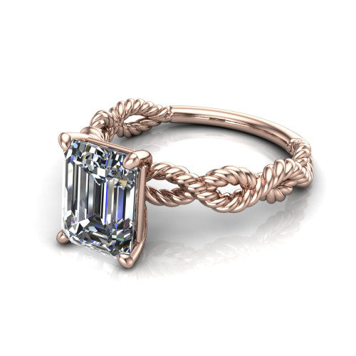Sarah emerald rope solitaire engagement ring in 18K Rose Gold with twisted cable band, three-quarter perspective view