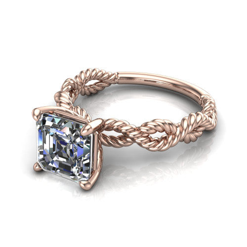 Sarah asscher rope solitaire engagement ring in 14K Rose Gold with twisted cable band, three-quarter perspective view