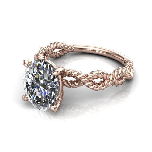 Sarah oval rope solitaire engagement ring in 14K Rose Gold with twisted cable band, three-quarter perspective view