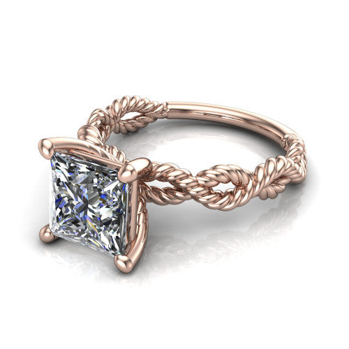 Sarah princess rope solitaire engagement ring in 18K Rose Gold with twisted cable band, three-quarter perspective view
