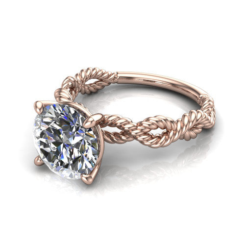 Sarah round rope solitaire engagement ring in 18K Rose Gold with twisted cable band, three-quarter perspective view