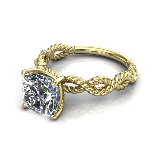Sarah cushion rope solitaire engagement ring in 18K Yellow Gold with twisted cable band, three-quarter perspective view
