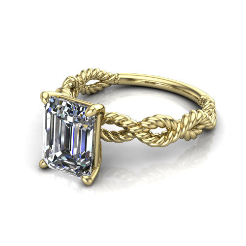 Sarah emerald rope solitaire engagement ring in 14K Yellow Gold with twisted cable band, three-quarter perspective view