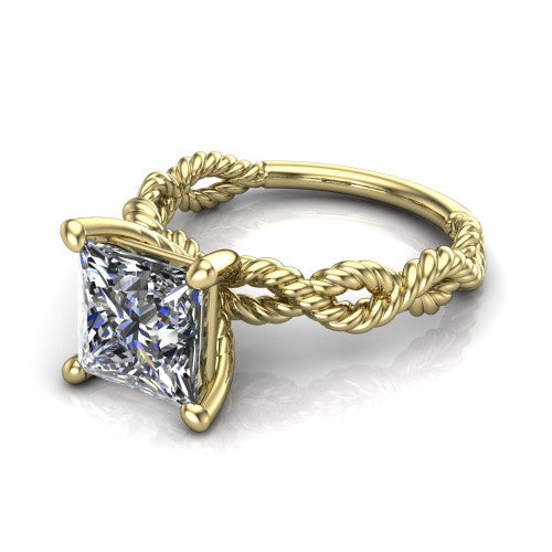 Sarah princess rope solitaire engagement ring in 14K Yellow Gold with twisted cable band, three-quarter perspective view