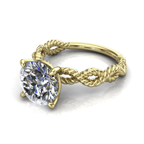 Sarah round rope solitaire engagement ring in 18K Yellow Gold with twisted cable band, three-quarter perspective view