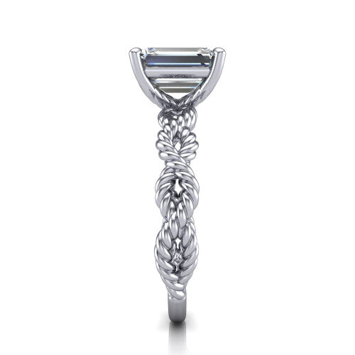 Sarah emerald rope solitaire engagement ring in 18K White Gold with twisted cable band, side profile showing the braided rope-twist band