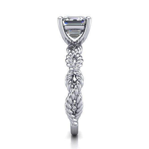 Sarah asscher rope solitaire engagement ring in 18K White Gold with twisted cable band, side profile showing the braided rope-twist band