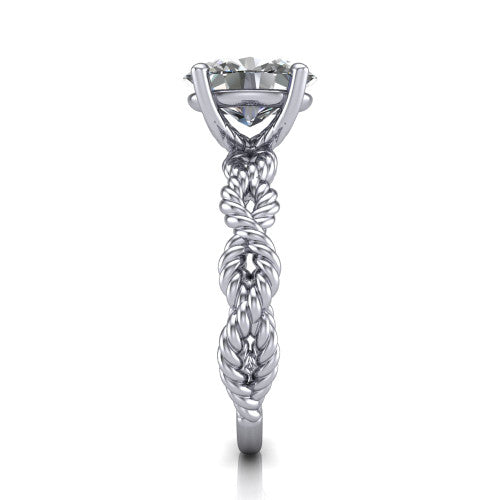 Sarah oval rope solitaire engagement ring in 18K White Gold with twisted cable band, side profile showing the braided rope-twist band