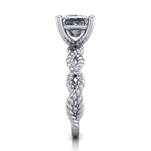 Sarah princess rope solitaire engagement ring in Platinum with twisted cable band, side profile showing the braided rope-twist band
