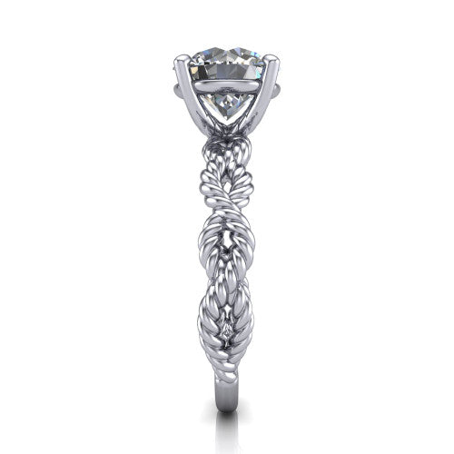 Sarah round rope solitaire engagement ring in Platinum with twisted cable band, side profile showing the braided rope-twist band