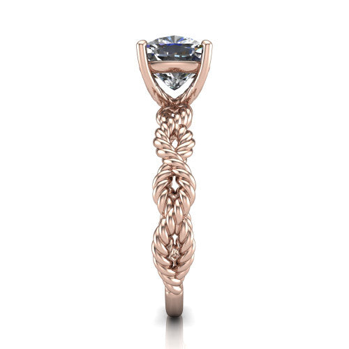 Sarah cushion rope solitaire engagement ring in 18K Rose Gold with twisted cable band, side profile showing the braided rope-twist band