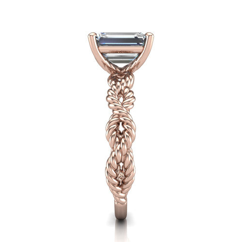 Sarah emerald rope solitaire engagement ring in 18K Rose Gold with twisted cable band, side profile showing the braided rope-twist band