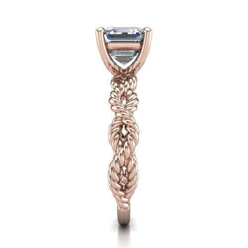 Sarah asscher rope solitaire engagement ring in 14K Rose Gold with twisted cable band, side profile showing the braided rope-twist band
