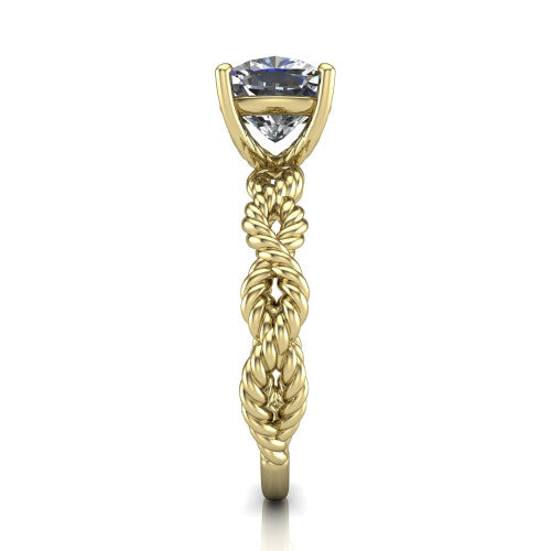 Sarah cushion rope solitaire engagement ring in 18K Yellow Gold with twisted cable band, side profile showing the braided rope-twist band