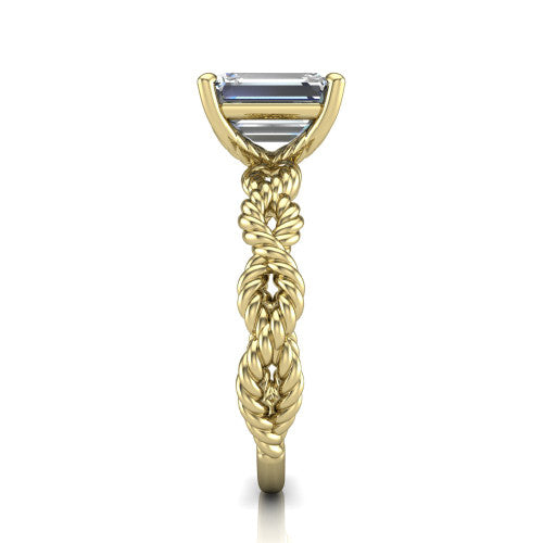 Sarah emerald rope solitaire engagement ring in 14K Yellow Gold with twisted cable band, side profile showing the braided rope-twist band