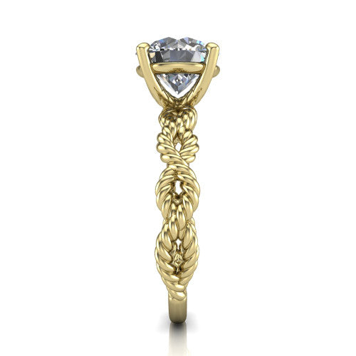 Sarah round rope solitaire engagement ring in 18K Yellow Gold with twisted cable band, side profile showing the braided rope-twist band