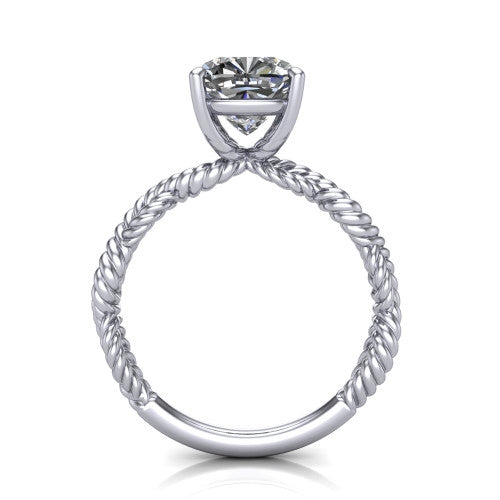Sarah cushion rope solitaire engagement ring in 18K White Gold with twisted cable band, through-finger front profile