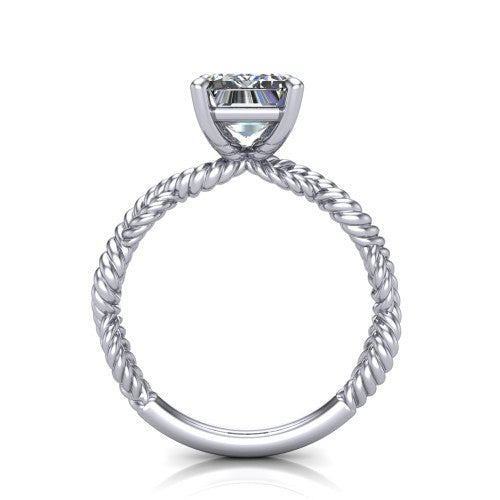 Sarah emerald rope solitaire engagement ring in Platinum with twisted cable band, through-finger front profile