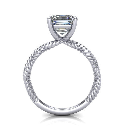 Sarah asscher rope solitaire engagement ring in 18K White Gold with twisted cable band, through-finger front profile